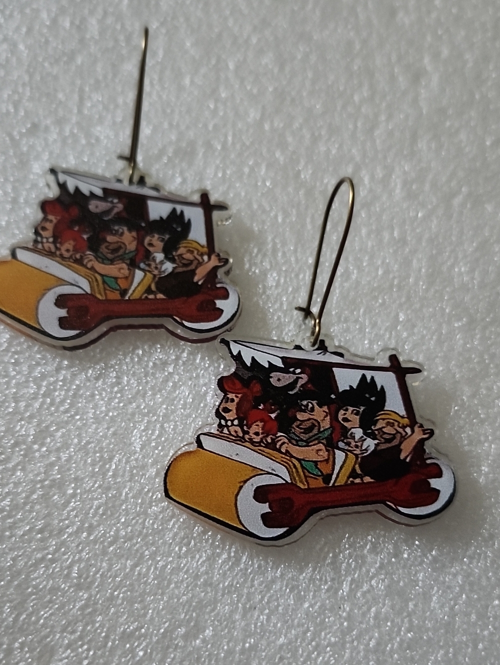 Hand Crafted Yellow Red Brown Flintstones Car Earrings